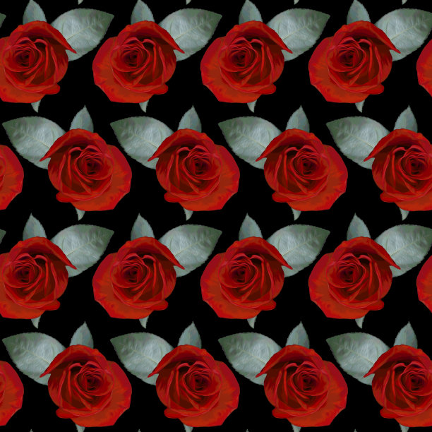无缝图案与红玫瑰花和绿色的叶子在黑色的背景。五彩缤纷的花卉纹理。光栅插图。图片下载