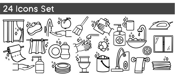 巨大的细线图标集清洁和秩序，洗手，肥皂，COVOD-19，消毒，卫生，洗涤，流行病学。矢量完美的图标为UI / UX，图形和网页设计。图片下载