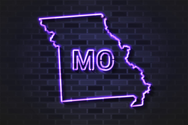 密苏里地图发光的霓虹灯或玻璃管在黑色砖墙上图片下载