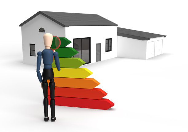 能源效率的概念与能源评级图表和一个房子的背景图片下载