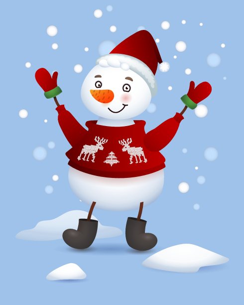 向量可爱的雪人。圣诞快乐的插图与滑稽微笑的雪人。卡通人物蓝色背景图片下载