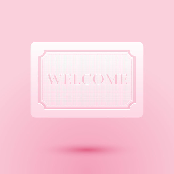 剪纸门垫与文字欢迎图标隔离在粉红色的背景。欢迎的迹象。纸艺术风格。向量图片下载