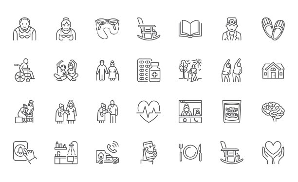 高层人员的图标设置为平线。老人和妇女锻炼，活跃的祖父母，轮椅，老年痴呆症护理之家医生矢量插图。大纲标志老年人信息图表图片下载