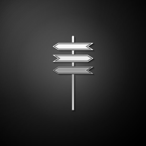 银路交通标志。路标图标孤立在黑色背景上。指针的象征。孤立的街道信息标志。方向的信号。长长的阴影风格。向量图片下载