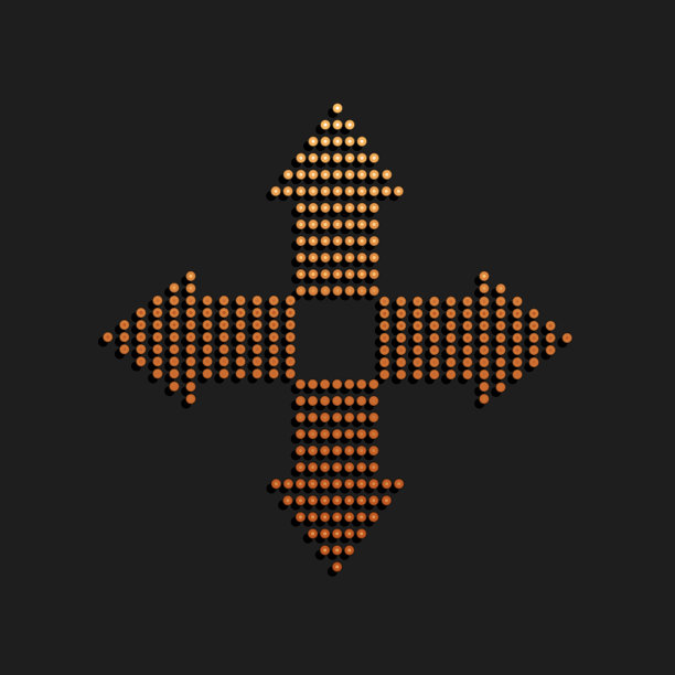 金色箭头点在四个方向图标孤立在黑色背景。长长的阴影风格。向量图片下载