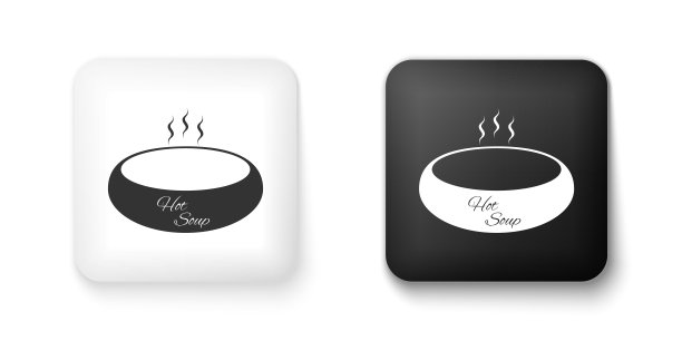 黑白碗的热汤图标孤立在白色的背景。方形按钮。向量图片下载