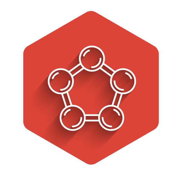 白色线分子图标孤立与长阴影。化学分子结构，科学教师创新教育海报。红色的六角按钮。向量图片下载