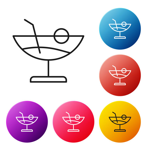 黑线鸡尾酒图标孤立在白色背景。设置图标彩色圆圈按钮。向量图片下载