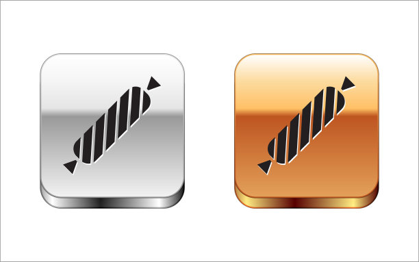 黑色糖果图标孤立在白色背景。金银平方按钮。向量图片下载