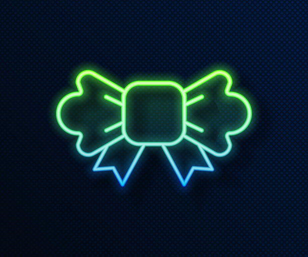发光的霓虹线蝴蝶结图标孤立在蓝色背景。向量图片下载