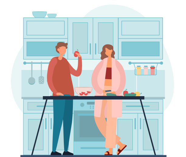 夫妇在现代化的厨房里准备健康午餐图片下载