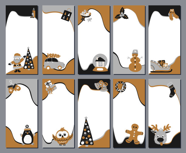 一套10个圣诞故事模板为社交网络在斯堪的纳维亚简单的手绘风格。节日相框的层次与可爱的人物照片-圣诞老人，驯鹿，姜饼人。图片下载