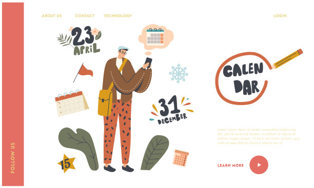 移动应用程序，时间表提醒登陆页面模板。男性角色计划生活事件，会议和项目图片下载