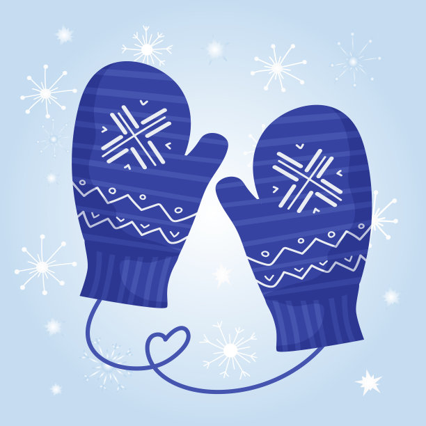 用装饰品和雪花编织的舒适的蓝色手套。冬天穿暖和的衣服保护手不受冻。在白色雪花的背景下。新年假期和圣诞心情。矢量平面设计。图片下载