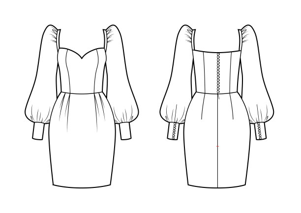 宽袖晚礼服工艺图。前后视图图片下载