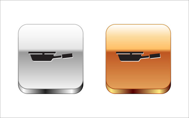 黑色煎锅图标孤立在白色背景。油炸或烘焙食品的象征。金银平方按钮。向量图片下载