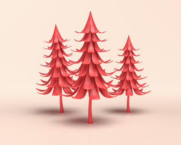 三苏斯树，单色红色3d图标树在白色的背景，纯平面颜色，3d渲染图片下载