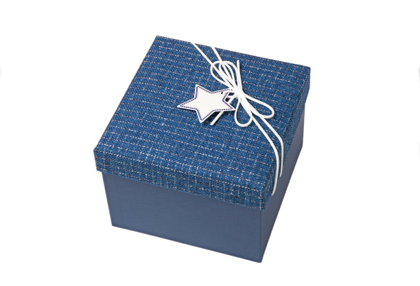 蓝色礼盒与丝带孤立的白色背景图片下载