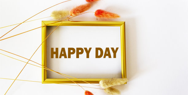 在白色的背景上，金色的框上写着“快乐的一天”，框上是lagurus干花图片下载