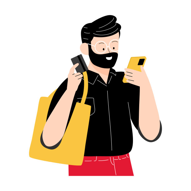 黑色星期五的促销活动，一名男子用信用卡在智能手机上购物，拿着大手提袋的插图。大折扣和促销概念图片下载