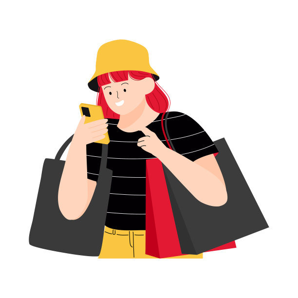 黑色星期五的促销活动，女性使用水桶帽在智能手机上购物，拿着购物袋和大手提袋的插图。大折扣和促销概念图片下载