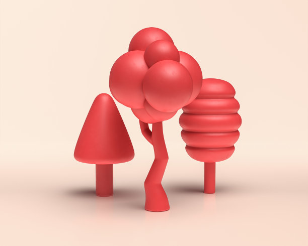 一组树与糖果玉米树，云树和蜂房树，单色红色的白色背景，固体平面颜色，3d渲染，3d图标图片下载