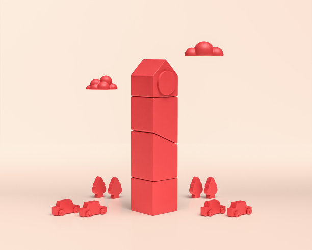 微型建筑与小云和汽车，3d图标，单色红色，平面和固体风格，3d渲染图片下载