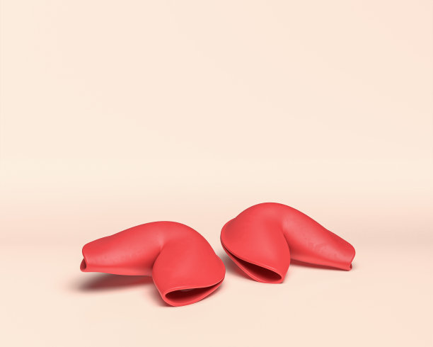 幸运饼干，3d图标甜点，单色纯红色光背景，微型塑料风格糖果，3d渲染图片下载