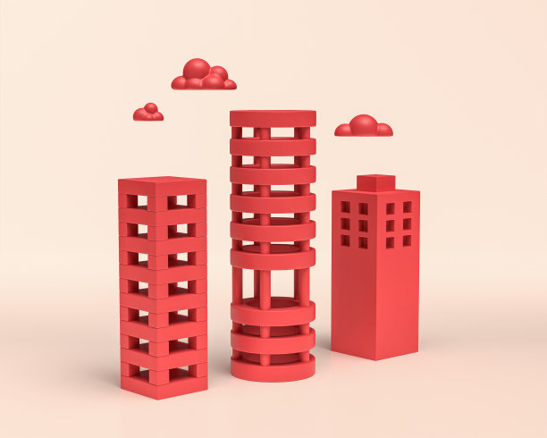 微型建筑与小云和汽车，3d图标，单色红色，平面和固体风格，3d渲染图片下载