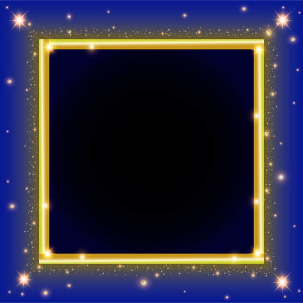 金色方形框架的矢量插图是发光的，与蓝色背景上闪闪发光的灰尘隔离图片下载