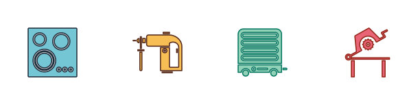 设置煤气炉、旋锤钻床、电加热器、木工电锯图标。向量图片下载