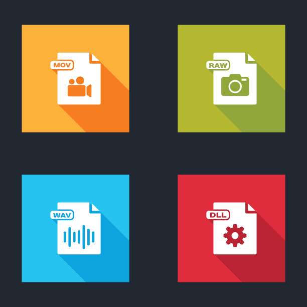 设置MOV文件文档，RAW, WAV和DLL图标。向量图片下载