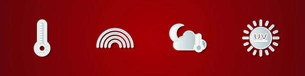设置气象温度计，彩虹，温度计和云，月亮和紫外线保护图标。向量图片下载