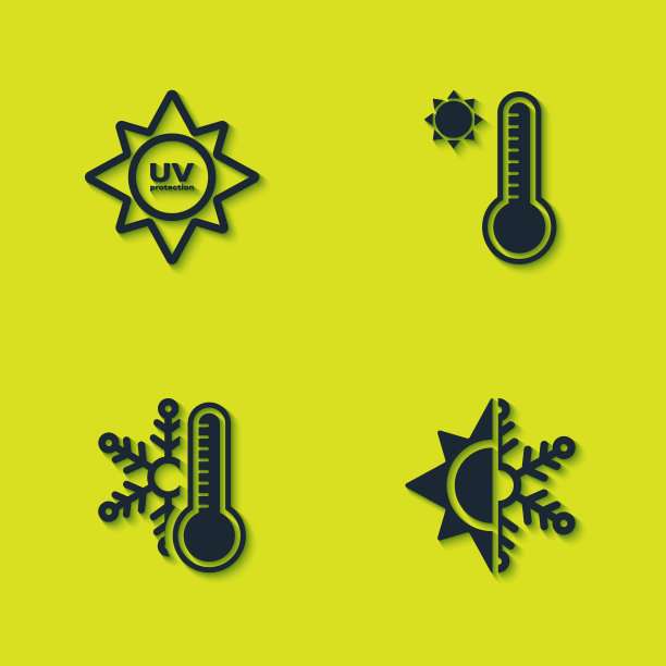 设置紫外线保护，太阳和雪花，温度计与气象温度计图标。向量图片下载