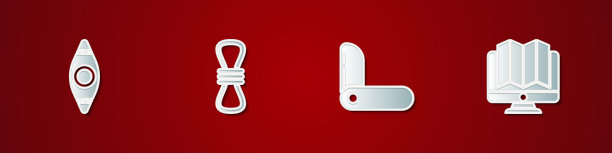 设置皮艇或独木舟，攀上绳，瑞士军刀和位置的森林监控图标。向量图片下载