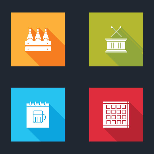 啤酒瓶，音乐鼓和棍棒，圣帕特里克日日历和方格餐巾图标。向量图片下载