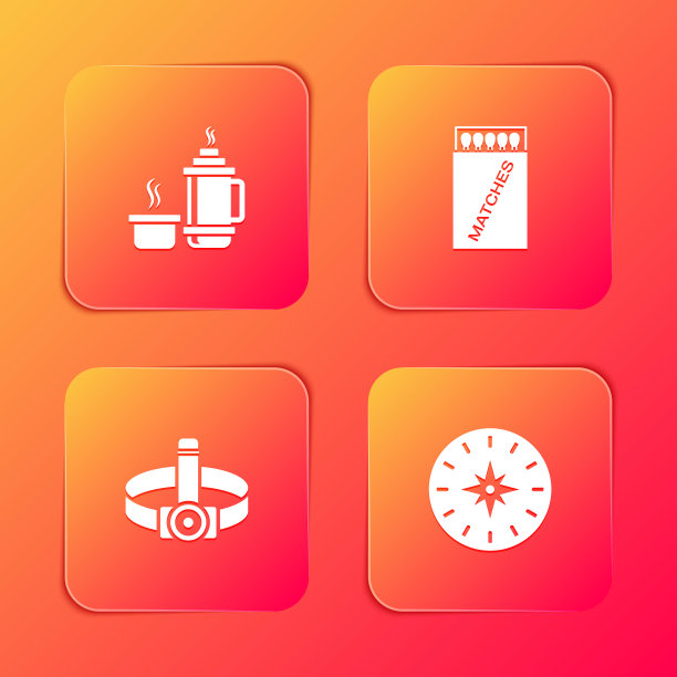 设置热水瓶容器，打开火柴盒和火柴，头手电筒和指南针图标。向量图片下载