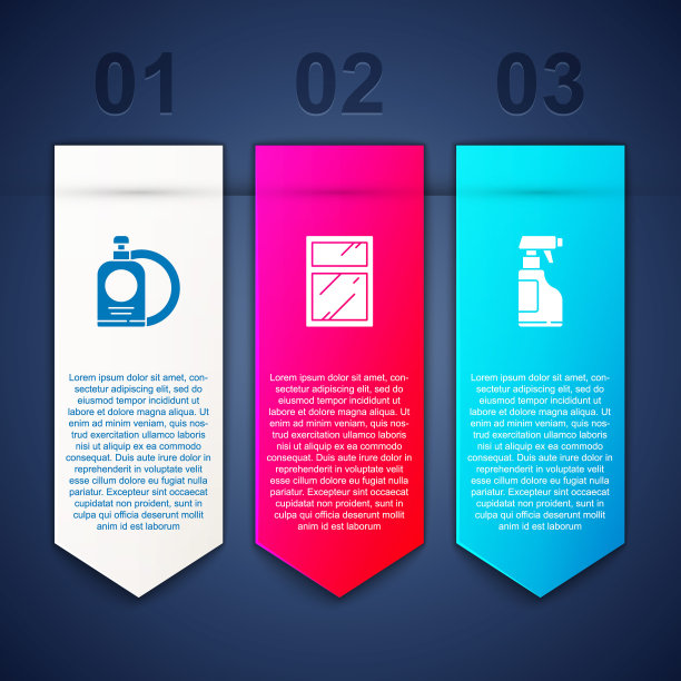 设置洗碗液瓶和盘子，清洁窗户，喷洒清洁剂。业务信息模板。向量图片下载