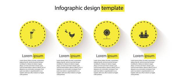 设置路由器和无线信号，养鸡场摄像头，鲜花和传送带与盒子。业务信息模板。向量图片下载