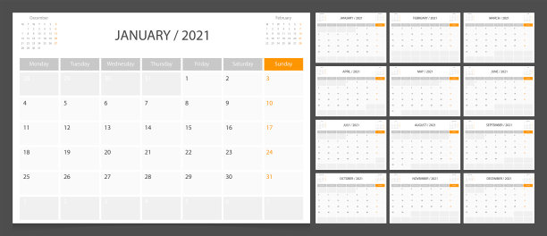 日历计划2021设计模板周开始周一。图片下载