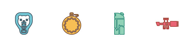 把熊的头放在盾牌，水壶，打火机和狙击手的光学瞄准图标上。向量图片下载