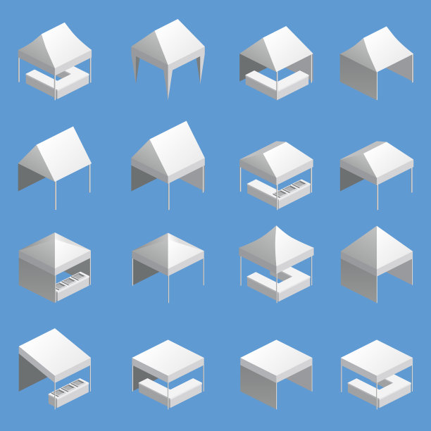 设置帐篷贸易活动等距，促销户外广告棚移动。模板矢量孤立插图图片下载