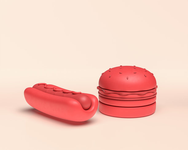 迷你快餐汉堡和热狗，单色平坦的红色在白色的背景，3d图标，3d渲染图片下载