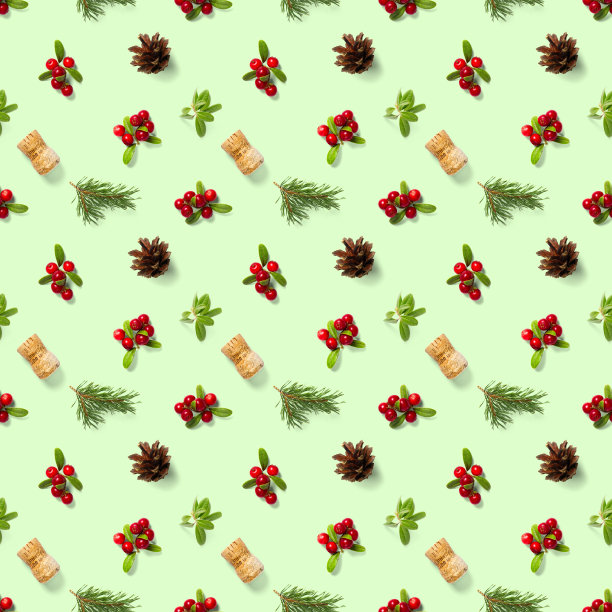 圣诞无缝模式与松果，葡萄酒软木和越橘。图案圣诞节无缝在一个绿色的背景。现实的照片拼贴。图片下载