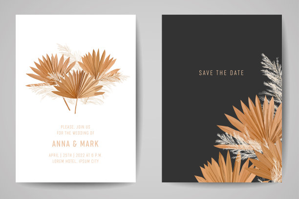 植物婚礼请柬模板设计，热带棕榈叶框架套，干潘帕斯草水彩最小矢量。保存日期金色树叶现代海报，时尚豪华的背景图片下载