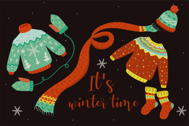 一套冬天的衣服和碑文是冬天的时间。矢量图形图片下载