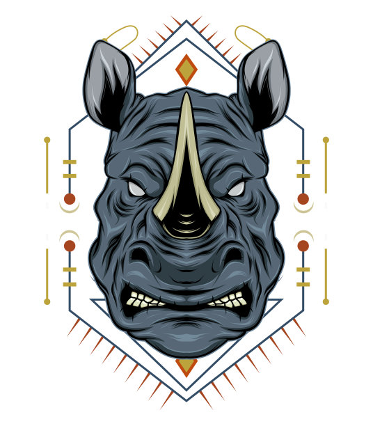 犀牛符号设计吉祥物与现代插画概念风格的徽章，徽章和t恤印花。愤怒的犀牛插图。图片下载