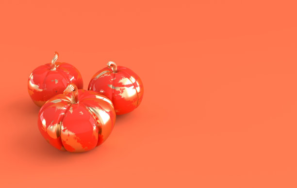 3d渲染南瓜在橙色的背景空间。最小的概念。节日装饰，红色和金色的南瓜为庆祝万圣节的活动模板图片下载