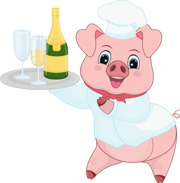 猪侍者拿着一个托盘，上面有一个瓶子图片下载