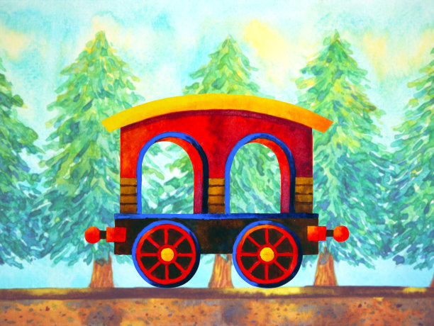 红色火车复古卡通水彩画旅行在圣诞节松树森林插图设计手绘图片下载